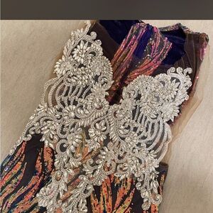 Embellished Multicolor Sequin Prom Dress with Silver Appliqué